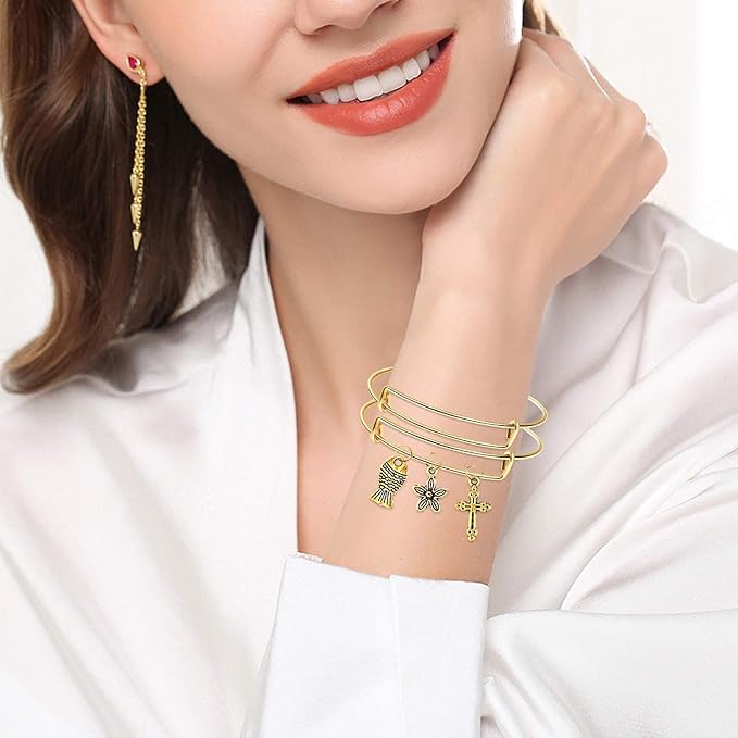 UPINS 30Pcs gold Expandable Blank Bracelets Adjustable Wire Bangles with 100Pcs Tibetan Silver Charms, 200Pcs Open Jump Rings for Jewelry Making