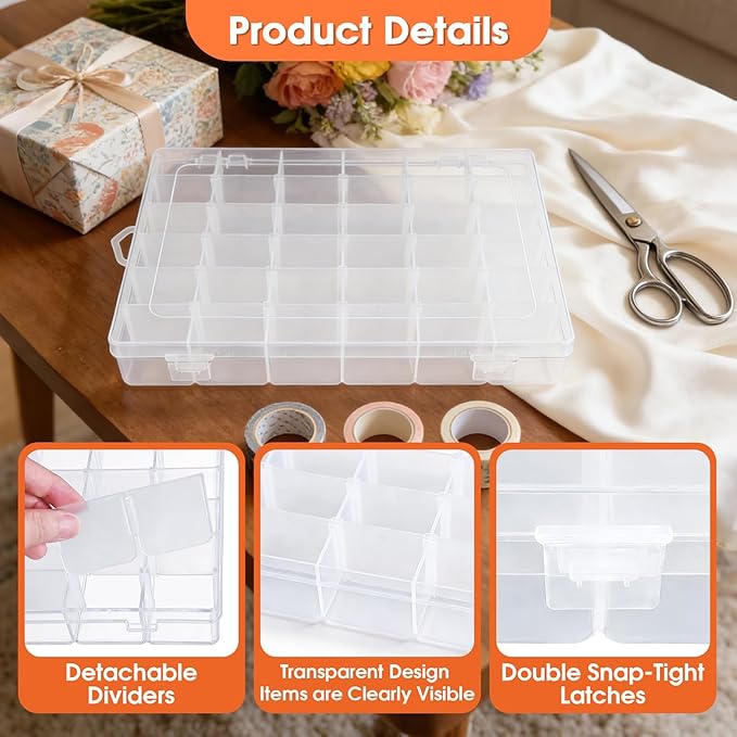 Washi Tape Organizer Box, 36 Grids Clear Plastic Box with Removable Dividers, Ideal for Washi Tape Storage and Carrying, Suitable for Storing Stationery, Jewelry, Beads, Art DIY Crafts, Art Supplies