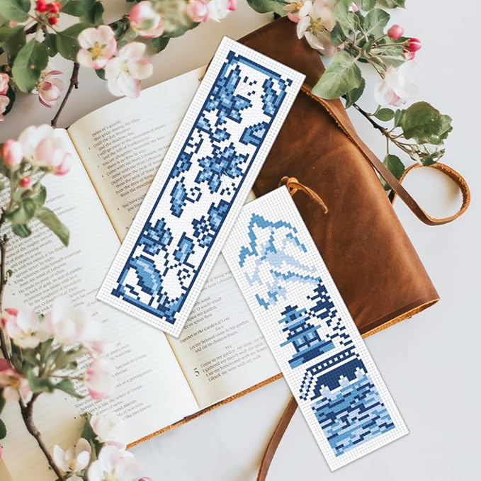 BEUNITONE Cross Stitch Bookmark Kit 6 Pcs Watercolor DIY Bookmarks Cross Stitch Kits for Beginners Birds Flower Stamped Embroidery Bookmark with Landscape Patterns Craft Kit for Gifts 8''x2.4''