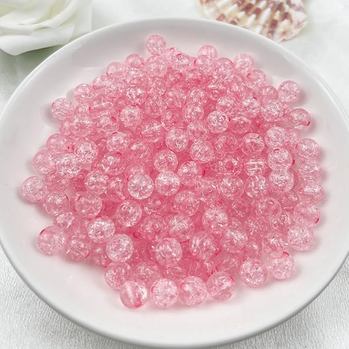 400pcs 8mm Acrylic Crackle Beads - Round Crystal Acrylic Craft Beads with Hole for Jewelry Making - Pink