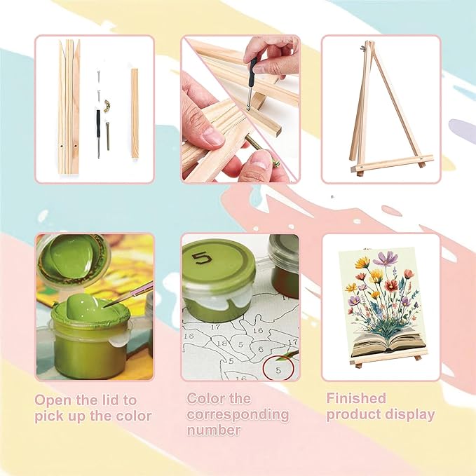 xackcme Book Paint by Numbers for Adults with Framed Canvas - with Wooden Easel, Flowers Paint by Number on Canvas, DIY Books Acrylic Oil Painting Kits with Brushes for Home Wall Decor (8x12 inch)