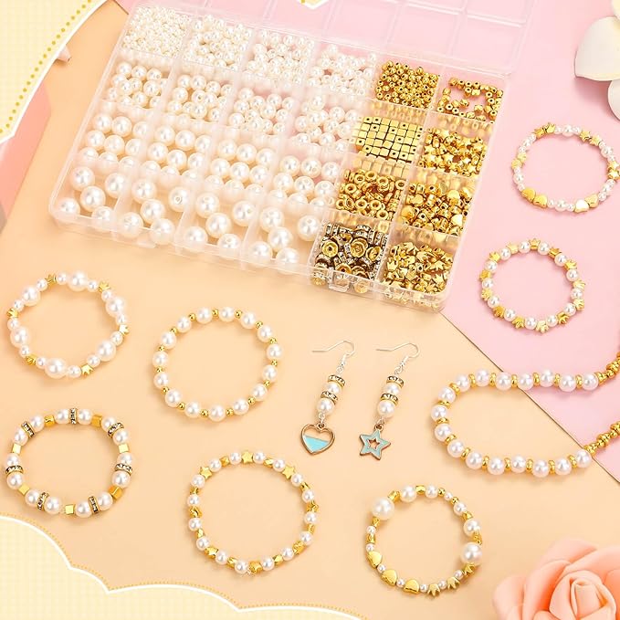 Audab Pearl Beads for Bracelet Making, 970 Pieces Pearl and Gold Spacer Beads for Jewelry Making
