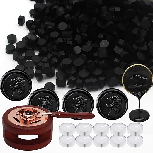 Wax Seal Beads Kit - 300pcs Black Sealing Wax Beads with Wood Melting Warmer, Spoon & 10 Mini Candles for Stamp Seals, Wedding Invitation, Envelope, Cards, Gift Wrapping Decorations
