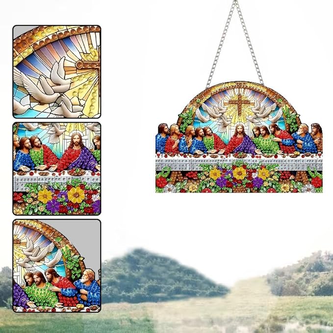 STGLCR Religious Diamond Art Hanging Kit for Adult The Last Supper,Special Shaped DIY Acrylic Jesus Christ Cross Diamond Art Painting Window Pendants Home Garden Wall Hanging Kits Hanging Ornament