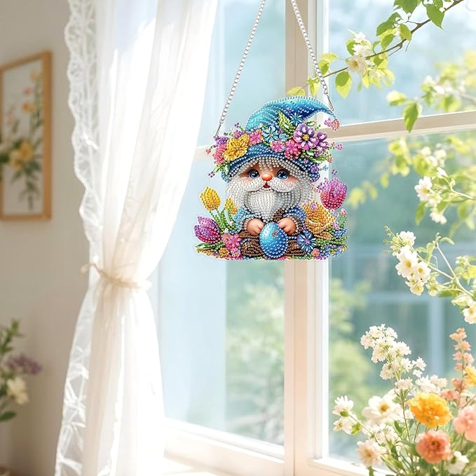 Lxmsja DIY Cute Cartoon Gnome Diamond Painting Hanging Ornament, Double-Sided Acrylic Easter Egg Diamond Art Kit, Special Shaped Suncatcher Hanging Pendant Window Art Kit