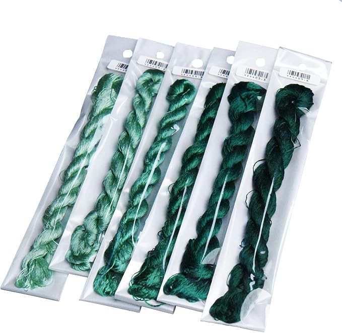 Natural Silk Thread – 6 Green Colors, 110m Each, Handmade Silk Embroidery Floss for Hand Embroidery, Cross-Stitch, Needlework Projects