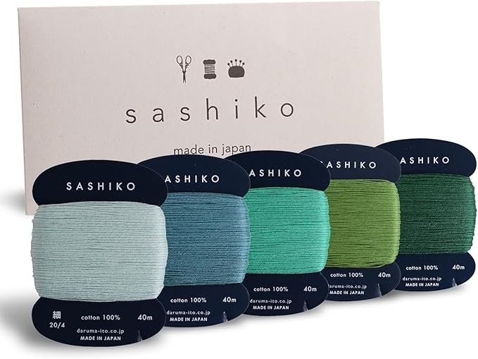DARUMA Sashiko Thread 100% Cotton Card Type (43.7 yd) x 5 Colors with English Manual, Sewing & Embroidery Value Set with Gift Package(Thin, Komorebi)