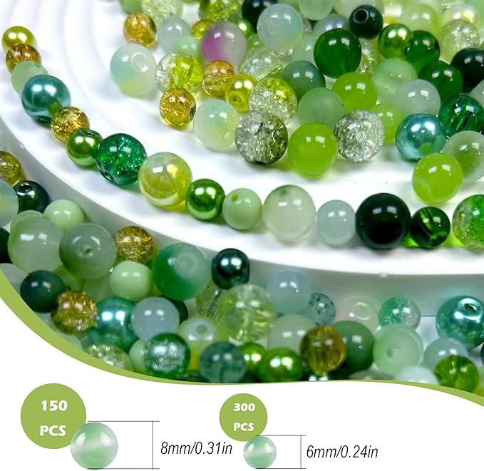 450pcs Glass Beads for Jewelry Making, 6/8mm Assorted Crystal Loose Beads, Green Series Round Spacer Bead Kit for Bracelet Necklace DIY Craft