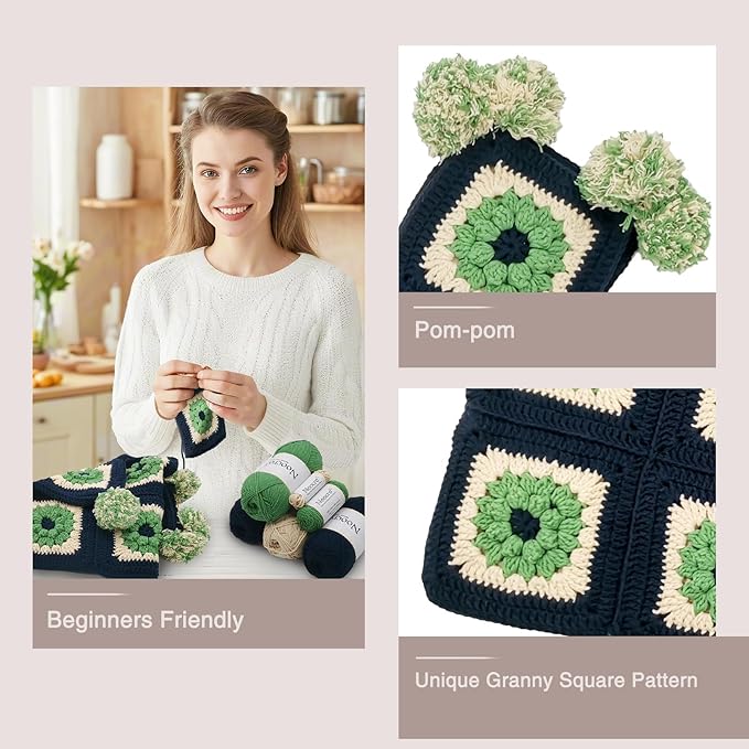 Noocro Complete Crochet Kit for Pom-Pom Granny Square Scarf Hood, DIY Yarn Kit, Detailed Instructions, Step by Step Video Tutorial, Beginner-Friendly, Intermediate Crocheter Craft Set (Navy Moss)