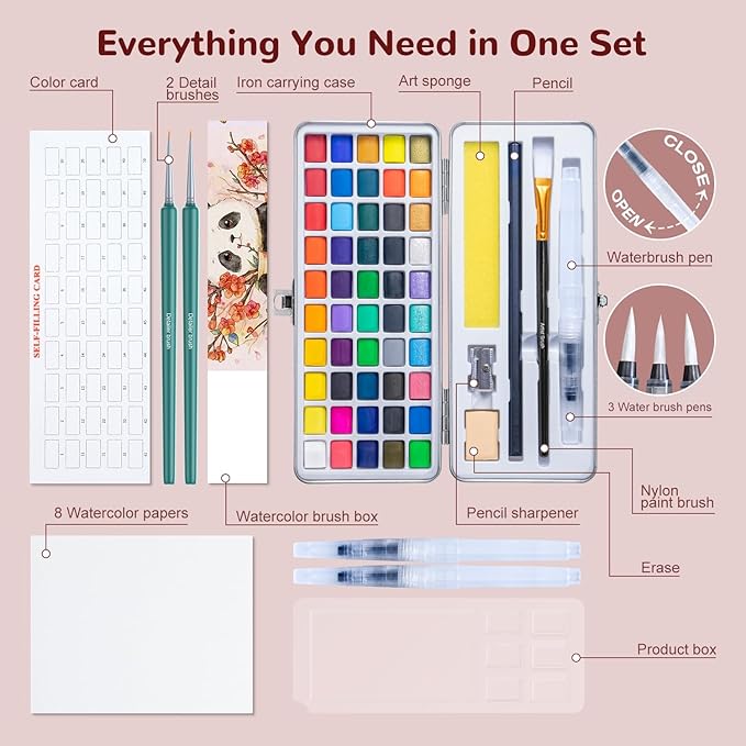 watercolor paint set with 100 rich colors,professional travel art kit with 7 brushes, 8 papers, palette & accessories,includes metallic & fluorescent paints,art supplies for artists, adults & hobbyists (50 unique colors)