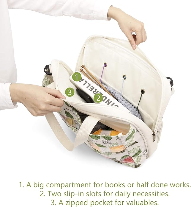 LAVIEVERT Knitting Tote Bag Yarn Storage Bag for Carrying Projects, Knitting Needles, Crochet Hooks and Other Accessories