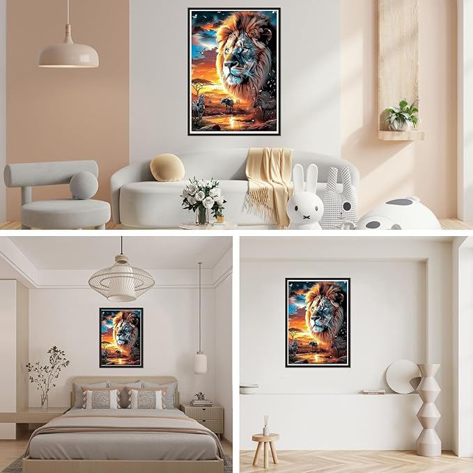 SENQAO Lion Diamond Art Kits for Adults, Beast Lion Diamond Painting Kit for Beginners, Round 5D DIY Diamond Dots, Full Drill Painting Kit Art and Crafts for Adults Home Wall Decor 12x16inch