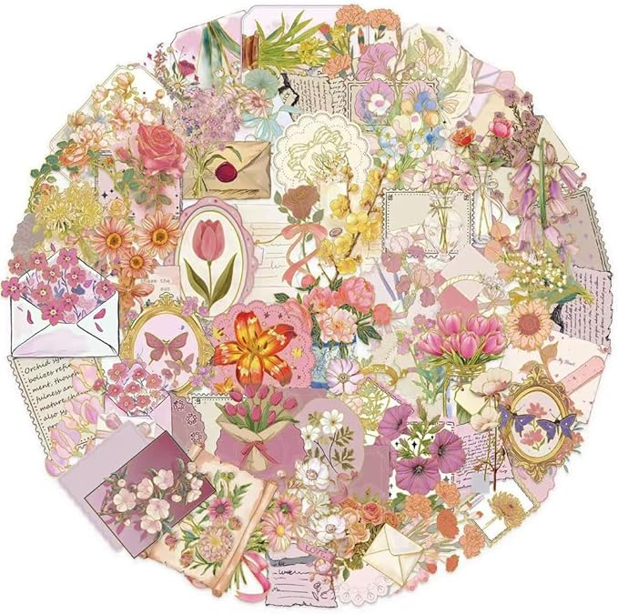 50Pcs Waterproof Vintage Stickers,Scrapbooking Supplies Kit,Aesthetic Decorative Craft Sticker for Planner, Bullet Journaling, Junk Journal, Water Bottles, Laptop, Retro Craft.Flowers