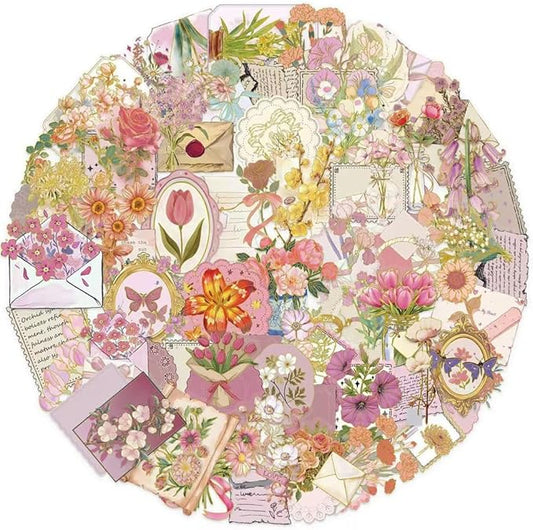 50Pcs Waterproof Vintage Stickers,Scrapbooking Supplies Kit,Aesthetic Decorative Craft Sticker for Planner, Bullet Journaling, Junk Journal, Water Bottles, Laptop, Retro Craft.Flowers