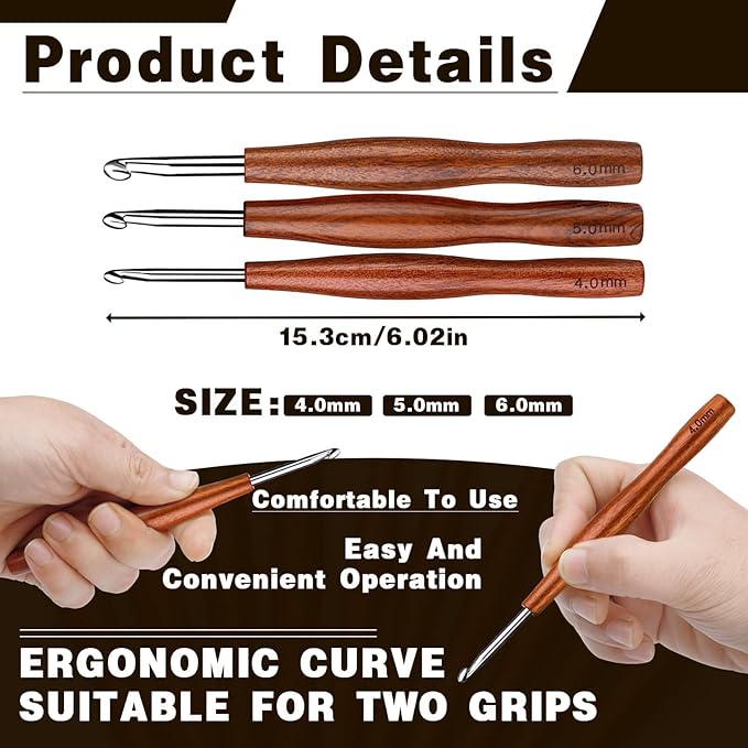 Nitlak Crochet Hooks Set, 3 Size Aluminum Ergonomic Crochet Hooks with Wooden Handle for Arthritic Hands, Beginners, Crochet Needles for Knitting Sweaters, Blankets(4mm/5mm/6mm)