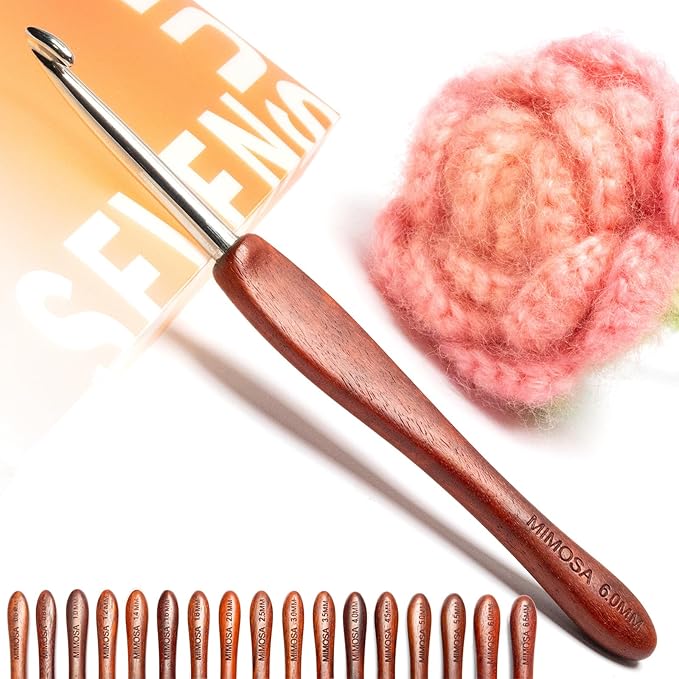 SEVENSUN Mimosa 6mm Single Crochet Hook, Available in 0.6mm-6.5mm, Ergonomic Hand Polished Stainless Steel Inline Pointy Wood Handle Crochet Hook for Arthritic Hands, Mother's Day Gifts for Mom