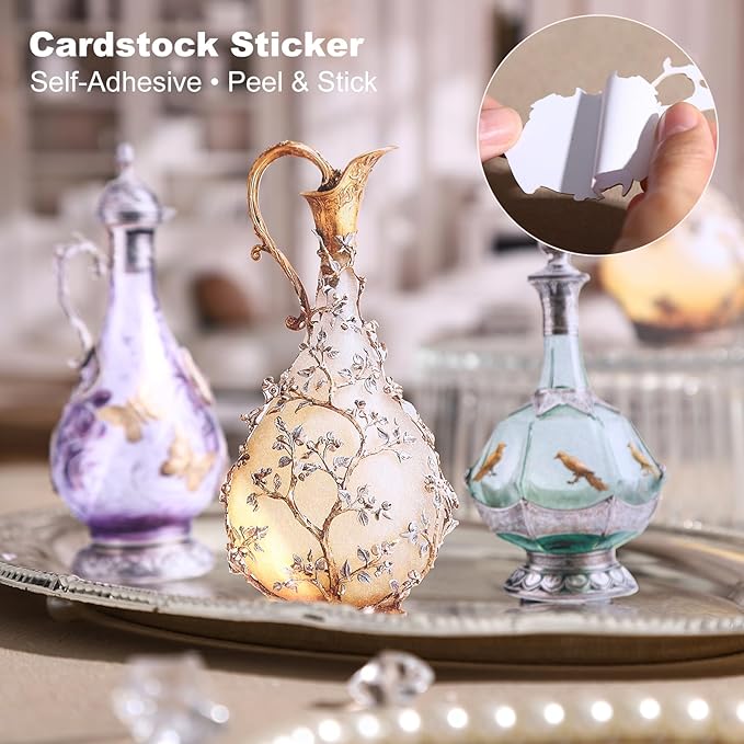 Rococo Vintage Bottle Sticker Pack, Thick Cardstock Laser Die-Cut No White Border – 32pcs Self-Adhesive European Glassware Decor for Scrapbook Journal Planner Collage