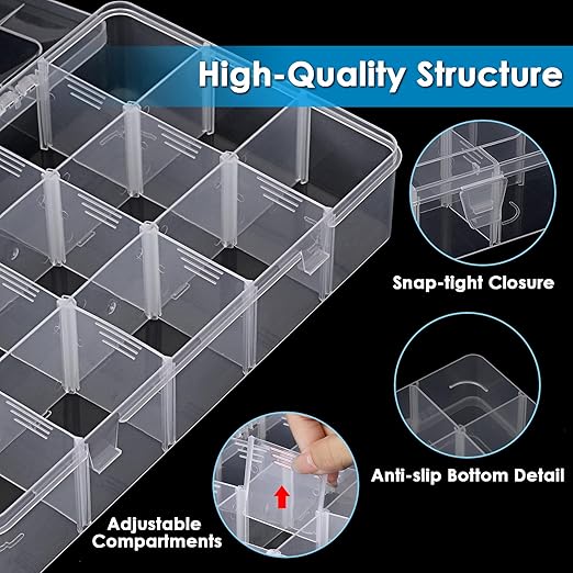 BTSKY 2 PCS Plastic Washi Tape Organizer, Adjustable 15-Grid Compartment Washi Tape Storage Case, Clear Sticker Storage Box for Scrapbook Organizers and Storage, Universal Jewelry Box Bead Organizer