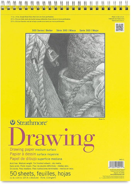 Strathmore 300 Series Drawing Paper Pad, Top Wire Bound, 11x14 inches, 50 Sheets (70lb/114g) - Artist Paper for Adults and Students - Charcoal, Colored Pencil, Ink, Pastel, Marker