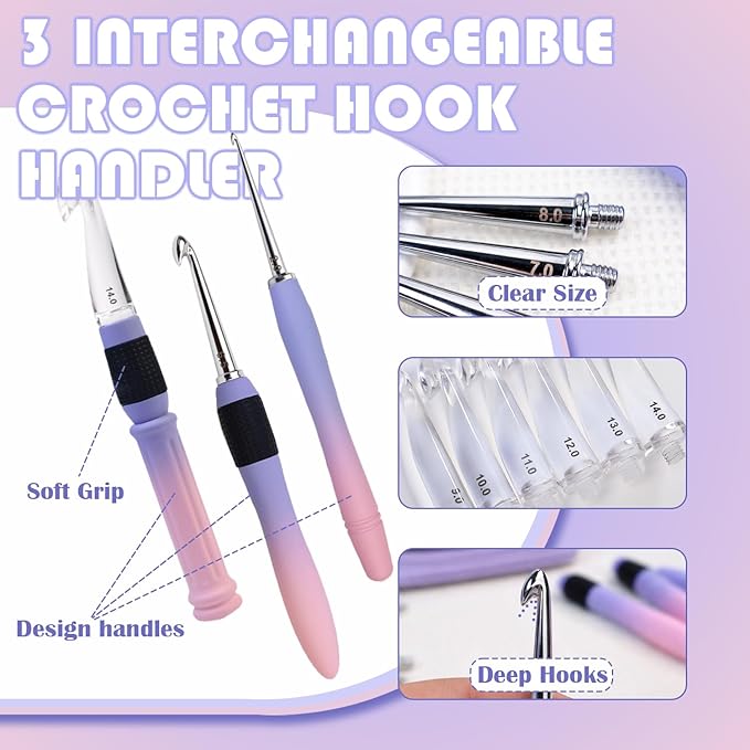 Lewhoo 18 Size Interchangeable Crochet Hooks 2.0mm(B)-14.0mm(P), Ergonomic Crochet Hooks Set for Beginner with 3 Spiral Handles, Gradient Purple