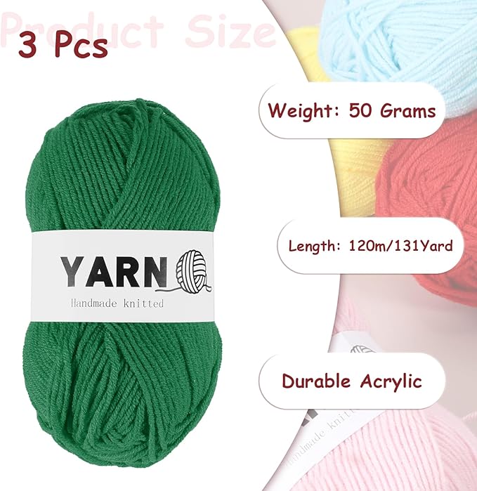 3Pcs Deep Green Acrylic Yarn 400 Yard 4 Ply Soft Crochet Yarns Sport Weight Yarn,[for DIY Crocheting Knitting Craft Blankets Hats]-150g