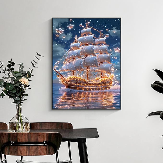 Yezavesu Pirate Ship Diamond Art Kits for Adults, 5D Diamond Painting Kit for Beginners, DIY Round Full Drill Painting with Gem Art Craft Kits for Home Wall Decor 12x16 Inch