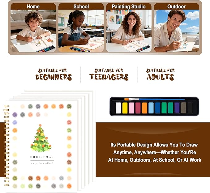 Watercolor Workbook for Adults, Beginner Friendly Watercolor Painting Kit Christmas Water Coloring Book, Nature-Themed Practice Art Gift Water Color Paint Book with Palette and Brush