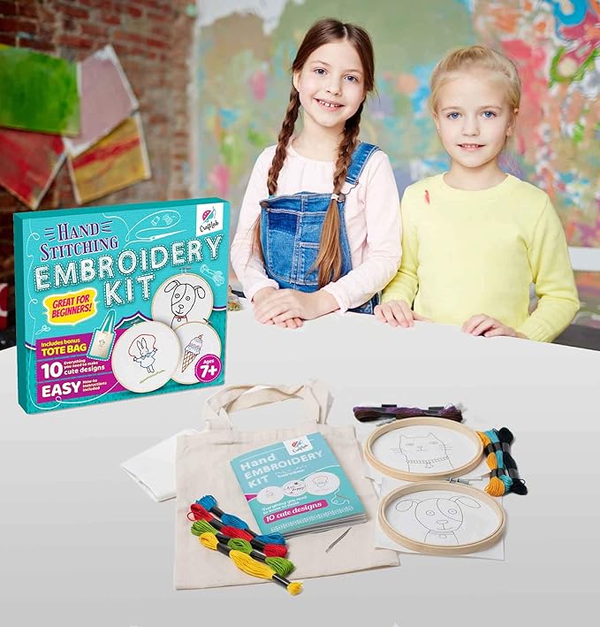 CraftLab Embroidery Kit for Kids - Beginner Sewing Kit with 10 Projects, Hoops, Thread, Patterns