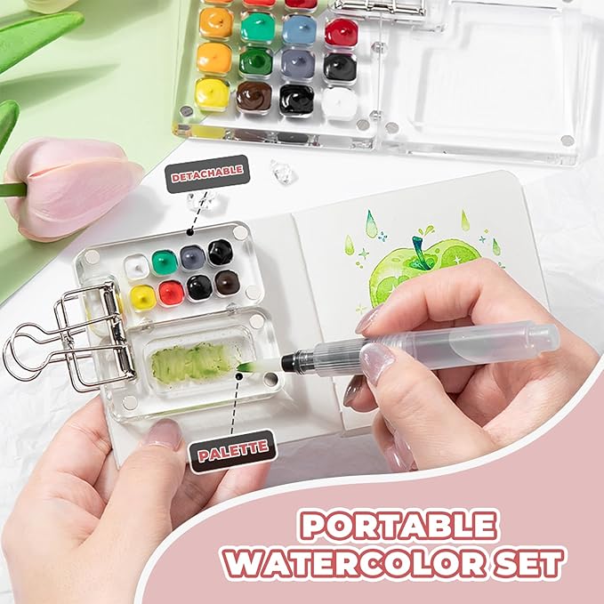 Mini Watercolor Paint Set Portable, Travel Grid Paint Palette Box with Binder Clips Include 24 Colours, Brush*3 and Picture Album Art Materials Coloring Markers for Travel, Creative Drawing Kit for Beginners and Art Enthusiasts
