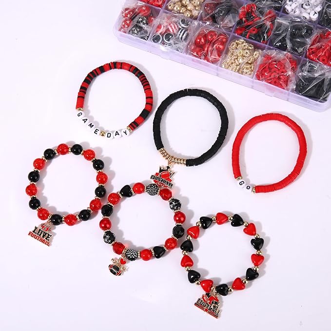 HSWE Game Day Beads for Bracelets Making Kit,Red Black Heishi Clay Pearl Letter Assorted Round Beads Gold Spacer Beads with Football Charms for DIY Bracelets Necklace Jewelry Making, 2100PCS+