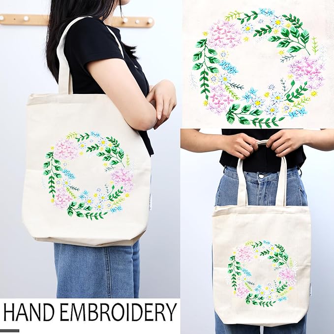 CREAWONDER Canvas Tote Bag Embroidery Kit with Pattern for Beginners, Arts and DIY Embroidery Crafts Kits for Adults, Include Instructions, Thimble, Embroidery Hoops, Color Threads and Tool