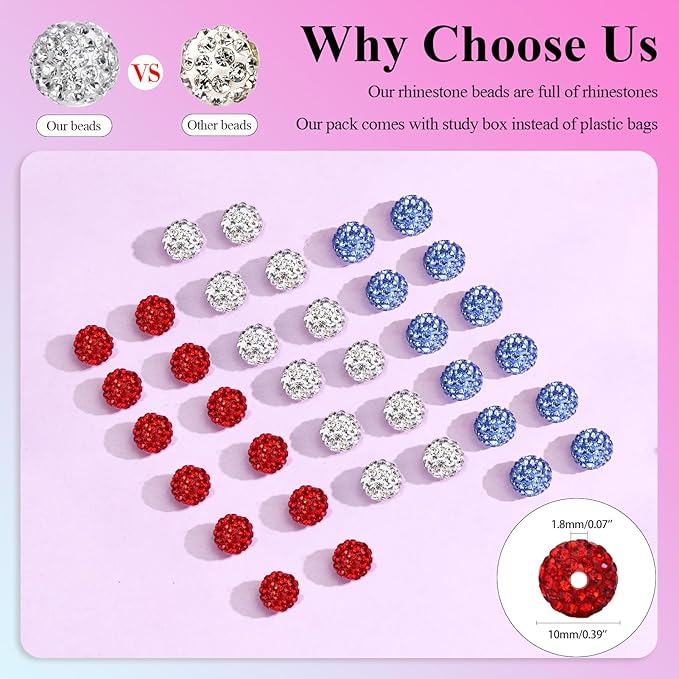 Dowarm 255PCS 10mm Rhinestone Beads for Baseball Rhinestone Necklace Bracelet Jewelry Making, Round Polymer Clay Beads for Crafts Beaded Pen, DIY Shamballa Pave Disco Ball Bead, White|Ice Blue|Red