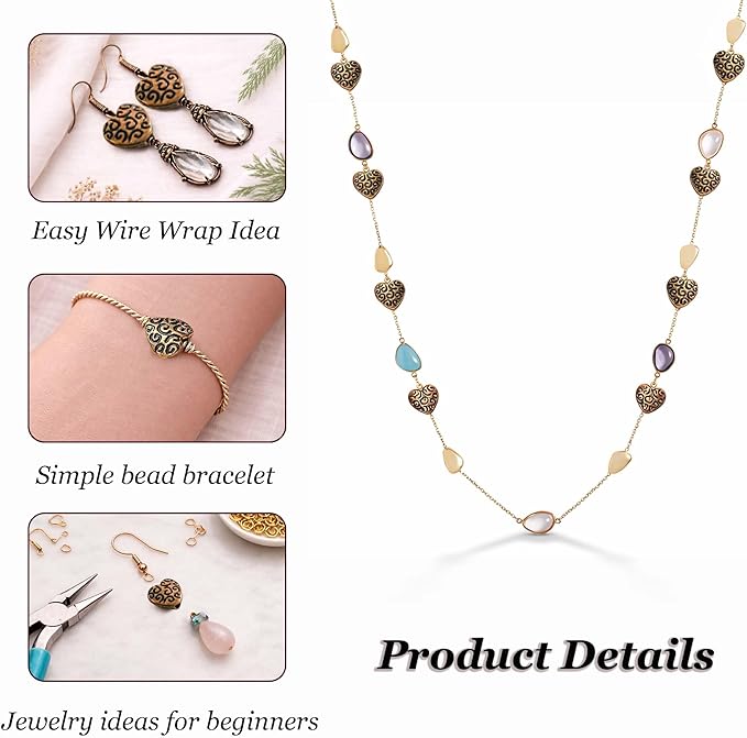Copper Heart Flat Bead Jewelry 76Pcs Spacer Beads Kit Jewelry Findings Beading Assortment DIY Accessories for Bracelet Necklace Jewelry Making 9mm
