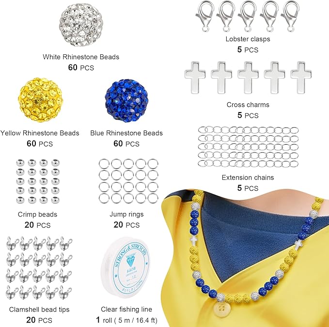 256Pcs 10mm Rhinestone Beads Kit 3 Colors, Round Sparkle Disco Ball Rhinestone Beads Set with Cross Charms and Accessories for DIY Baseball Necklaces Bracelets Earrings Jewelry Making