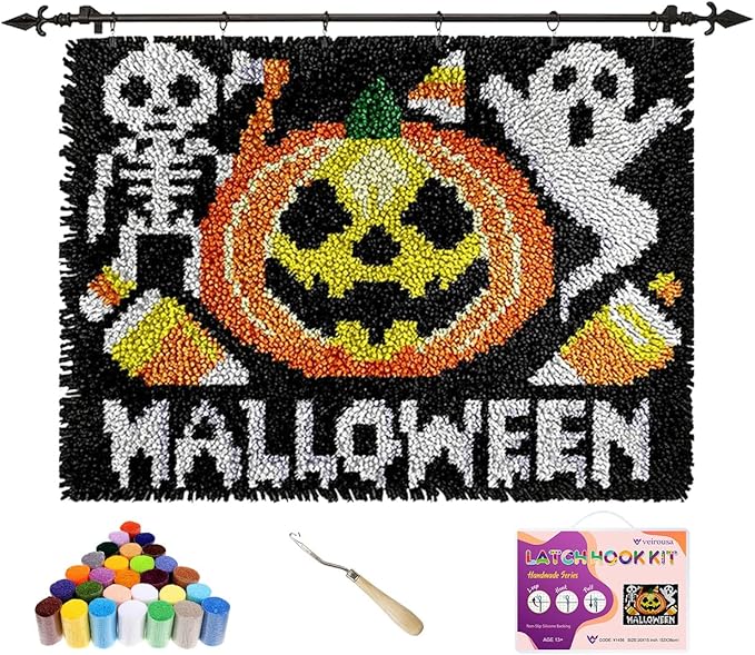 veirousa Halloween Pumpkin Gohst Latch Hook Kits for Adults Kids Beginners Skull DIY Latch Hook Rug Kit Pre-Printed Hook and Latch Carpet Making Kits Cross-Stitch Wall Hanging Crochet Set 20x15 Inch