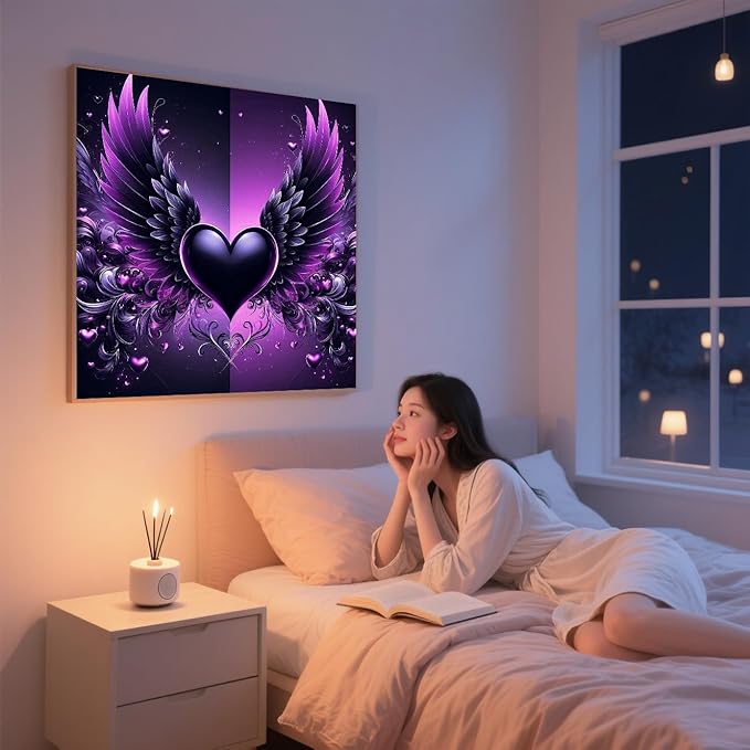 ijbnhd Angel Wings Diamond Art Kits for Adults - Purple Heart Diamond Painting Kits for Beginners, DIY Heart Gem Art Crafts Full Round Drill for Home Walls Decor 12X12Inch