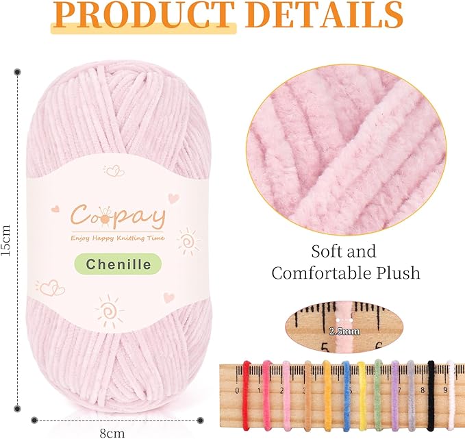 Coopay Skinny Chenille Yarn for Crocheting and Knitting, 12 Pack of 50g/1.76oz - 1764yd Total, Crochet Yarn of Light Weights - Suitable for Baby Blankets, Plush Toys, Garments - Super Soft (Lotus)