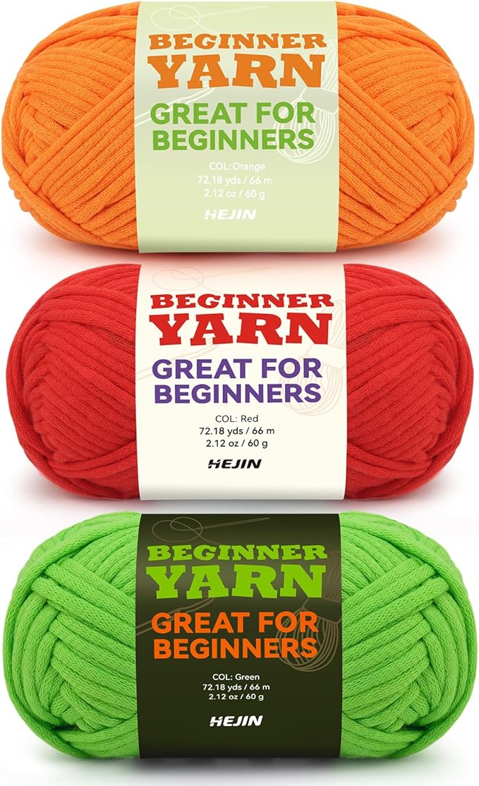 3x60g Orange+Red+Green Yarn for Crocheting and Knitting;3x66m (72yds) Cotton Yarn for Beginners with Easy-to-See Stitches;Worsted-Weight Medium #4;Cotton-Nylon Blend Yarn for Beginners Crochet Kit