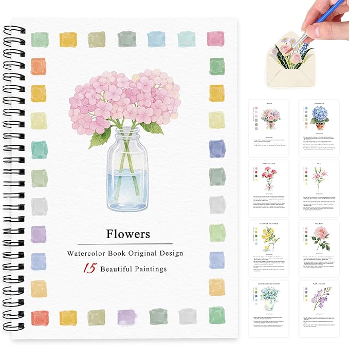 SLWBZ Watercolor Workbook Pink Flowers, 15 Different Patterns of Original DIY Designs, Beginner-Friendly Watercolor Workbooks, (Pink Hydrangeas, Without Palette)