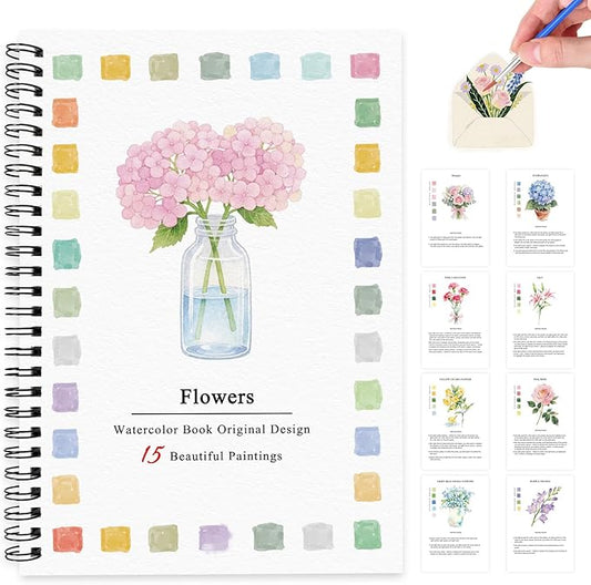 SLWBZ Watercolor Workbook Pink Flowers, 15 Different Patterns of Original DIY Designs, Beginner-Friendly Watercolor Workbooks, (Pink Hydrangeas, Without Palette)