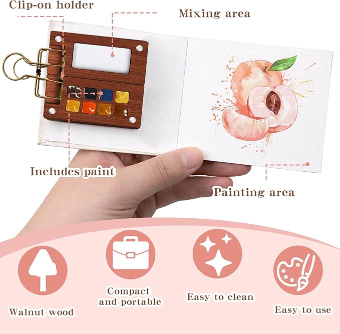Mini Paint Palette Travel Kit - Mini Travel Watercolor Palette Set, Pocket Artist Water Color Travel Set with Colours, Watercolor Book, Clips, Pens,Wooden Paint Box for Painters Artists Student