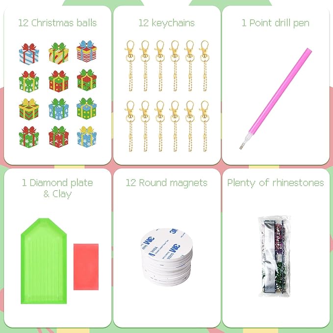 Cinrobiye 12 Pieces Christmas Diamond Painting Keychains Kits with Tools Christmas Diamond Art Hanging Ornaments DIY Xmas Refrigerator Decor Craft Kits for Holiday Party (Gift)