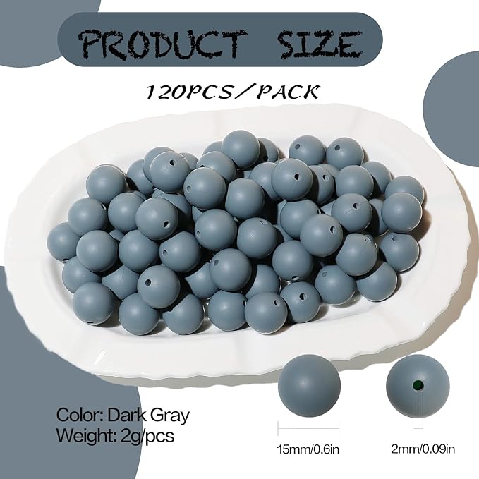 120pcs Richbunnys 15mm Bulk Silicone Beads for Pens and Keychain Making,Large Bead for Necklace and Bracelets Making,Assorted Rubber Beads Set（Dark Gray）