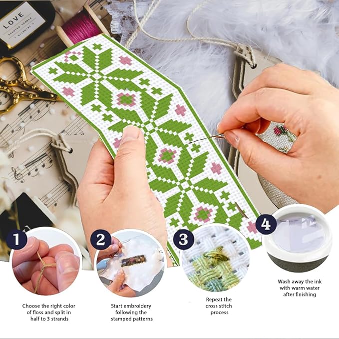 INFUNLY 6PCS Flower Cross Stitch Bookmark Kit for Beginners 8.66"×3.15" Boho Plaid Flowers Embroidery Bookmark Kits Geometric Pattern Cross Stitch Kit with Instruction for Book Lovers Reader Writers