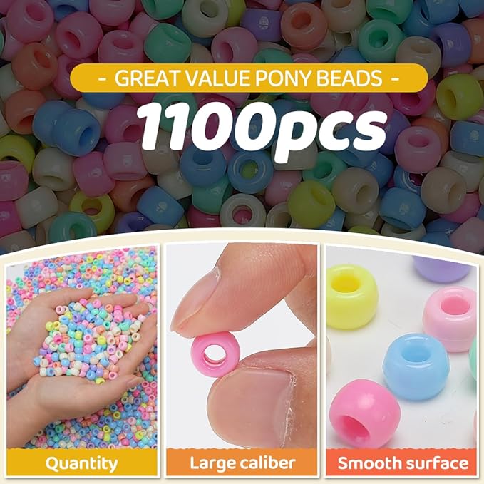 gaganiu pony beads 1100+ pcs – macaron plastic kandi beads in jar for bracelets, hair braids, jewelry making & diy crafts