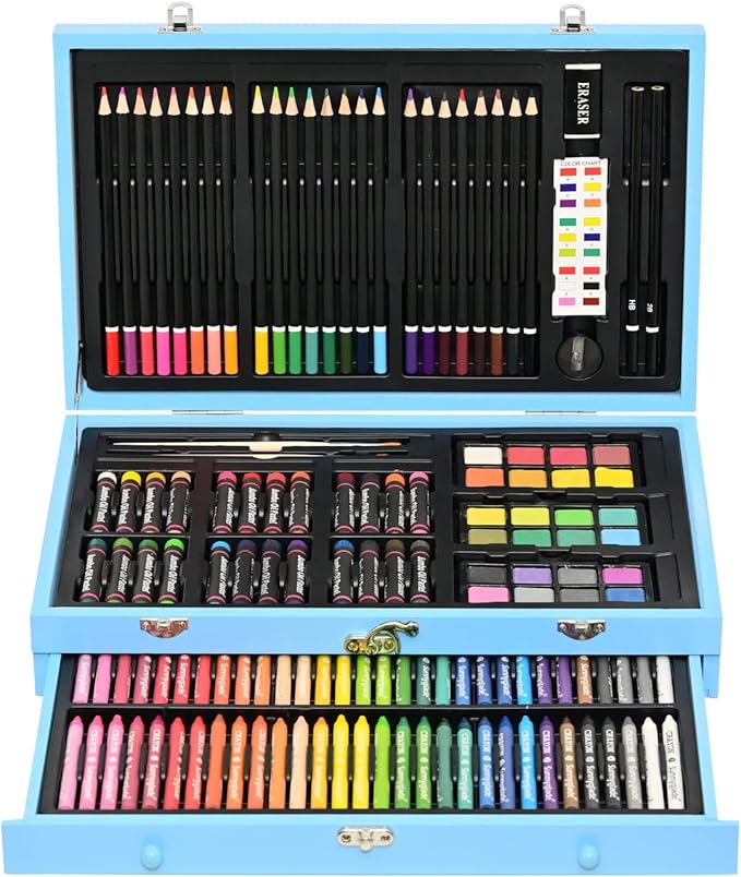 Sunnyglade 145 Piece Deluxe Art Set, Wooden Art Box & Drawing Kit with Crayons, Oil Pastels, Colored Pencils, Watercolor Cakes, Sketch Pencils, Paint Brush, Sharpener, Eraser, Color Chart (Blue)