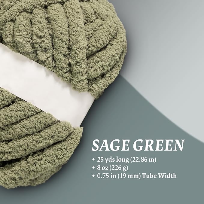Super Soft Chunky Chenille Yarn – 8 Skeins × 8 oz (25 Yards Each) Jumbo Bulky Yarn for Crochet & Hand Knitting Blankets, Sweaters, Cushions, DIY Projects (Sage Green)