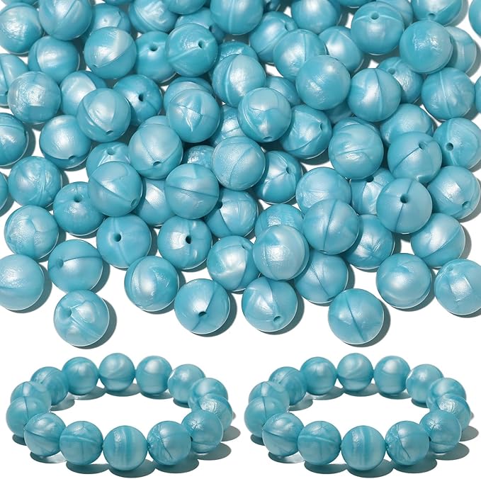 120pcs Richbunnys 15mm Bulk Silicone Beads for Pens and Keychain Making,Large Bead for Necklace and Bracelets Making,Assorted Rubber Beads Set（Pearlescent Sky）