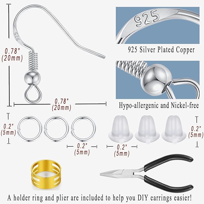 MAIBAOTA Hypoallergenic 925 Silver Plated Earring Hooks for Jewelry Making, 602 Pcs Earring Kits, Jump Rings, Earring Findings, Rubber Earring Backs, DIY Jewelry Making Supplies Kit