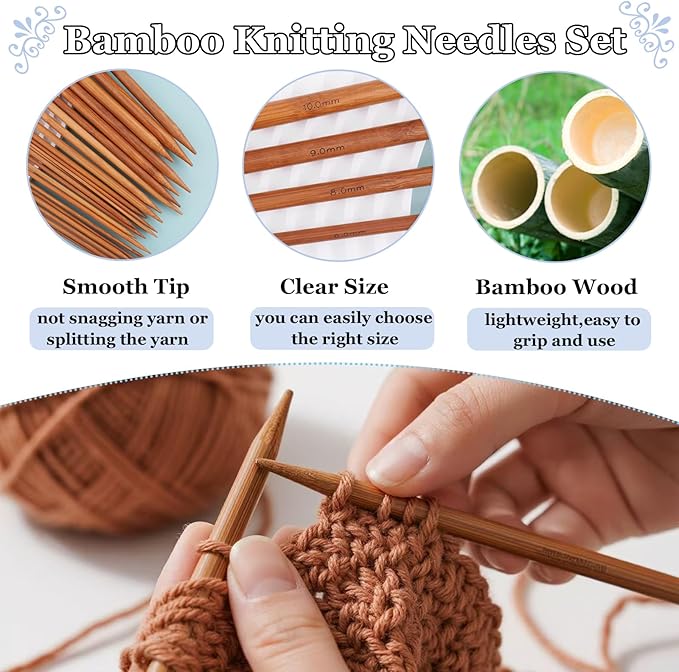 Hobekoee Bamboo Knitting Needles Set,36Pcs 9.8" Straight Single Pointed Bamboo Knitting Needles Set and 8Pcs 32" Circular Knitting Needles Kit with Storage Bag for Beginners Knitting Lovers